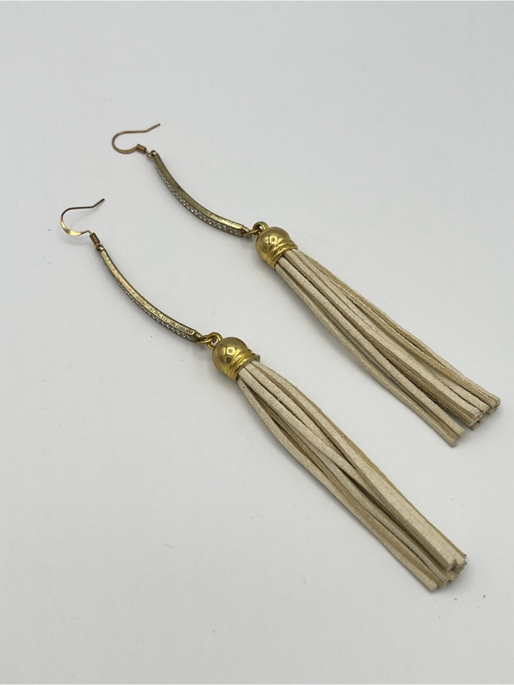 Cream Faux Leather Fringe Tassel Dangle Earrings Gold Rhinestone Bar Boho - Picture 1 of 4